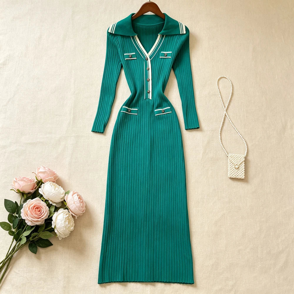 Collared Ribbed Knit Maxi Shirt Dress