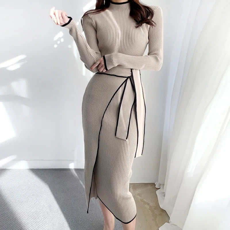 Lace-Up Turtleneck Rib Knit Maxi Dress