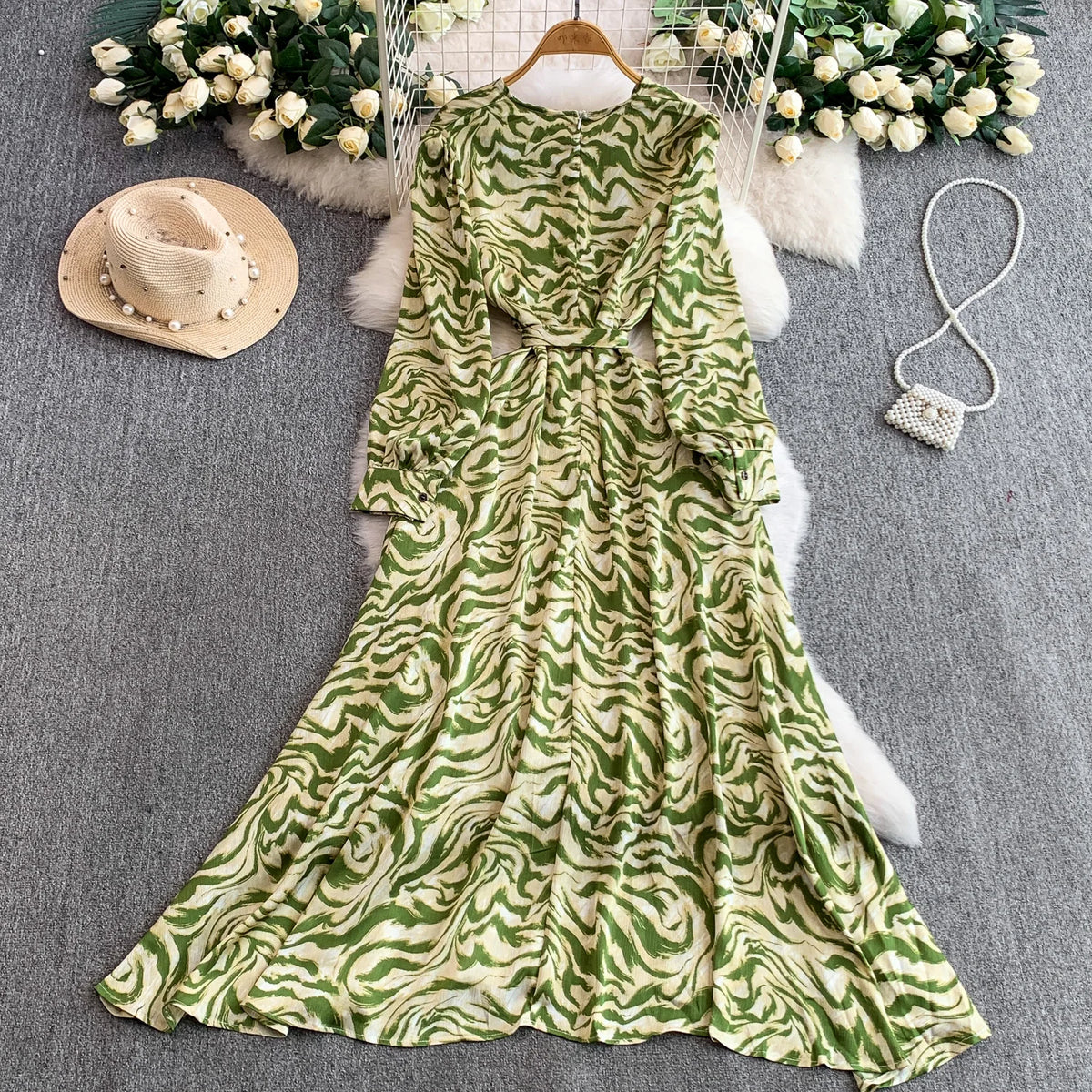 Slim V-Neck Long Sleeve Boho Dress