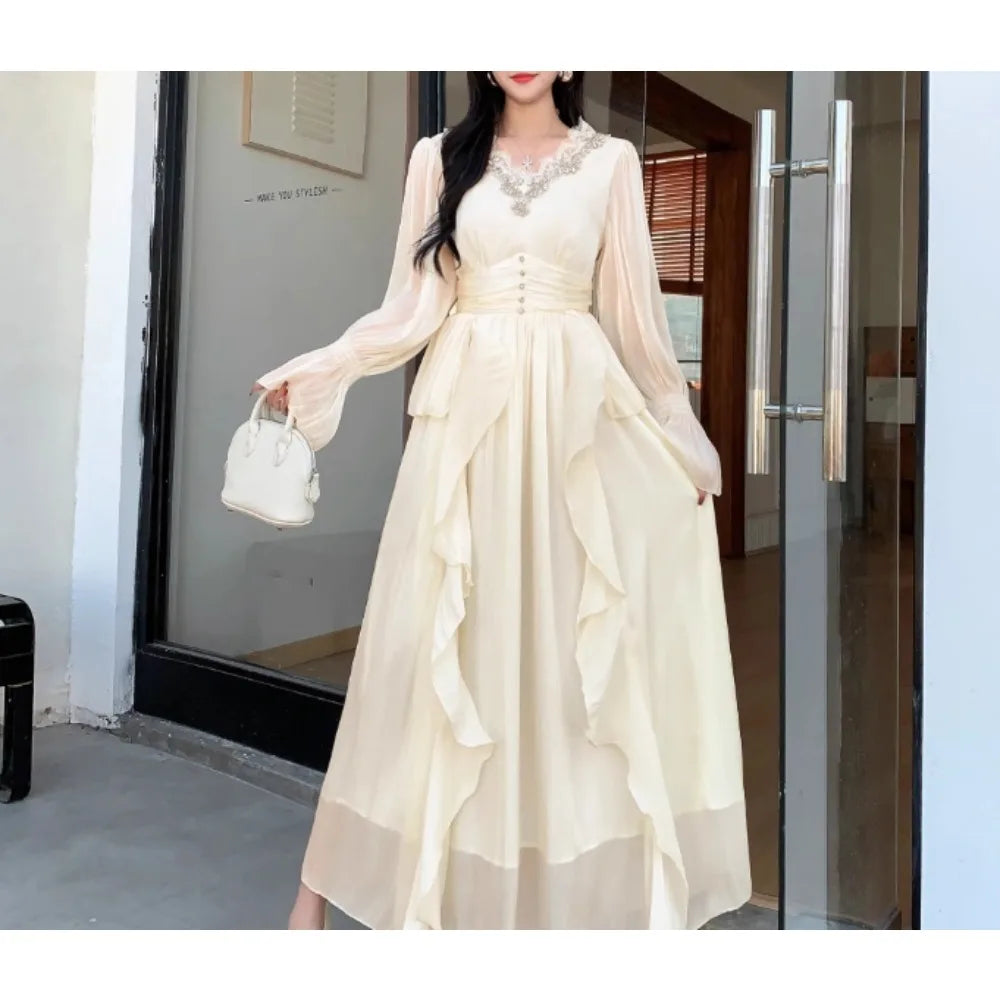 Lace Rhinestone Ruffle V-Neck A-Line Dress