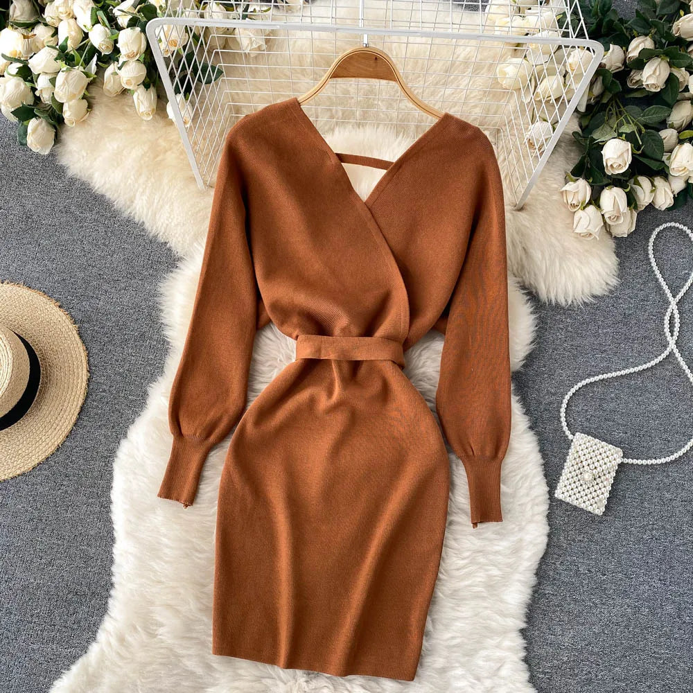 Sash Tie Knit Bodycon Mini Dress
