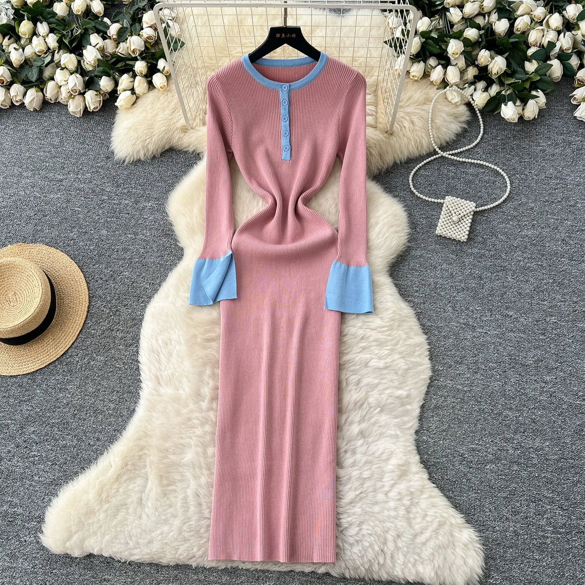 Pink Button Front Knit Bodycon Maxi Dress