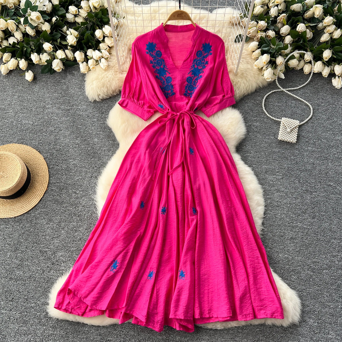 Embroidered V-Neck Puff Sleeve Beach Dress