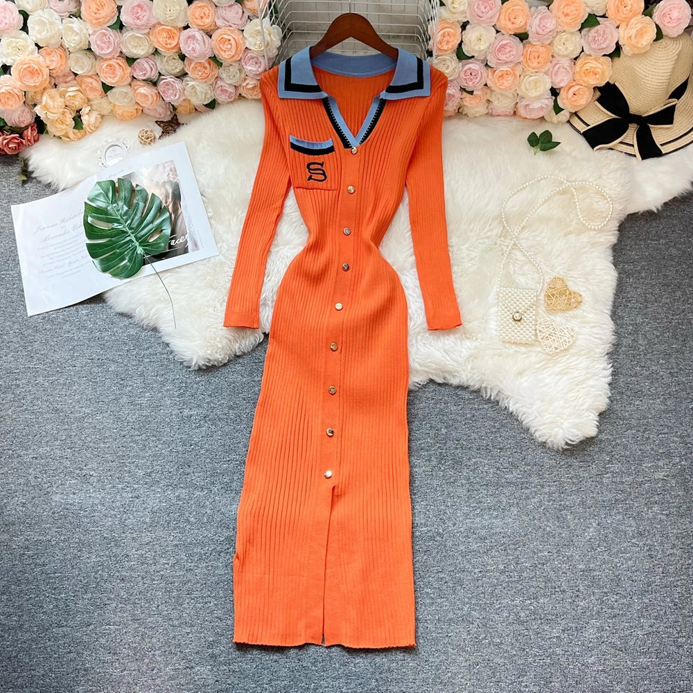Embroidered Long Sleeve Knit Bodycon Dress