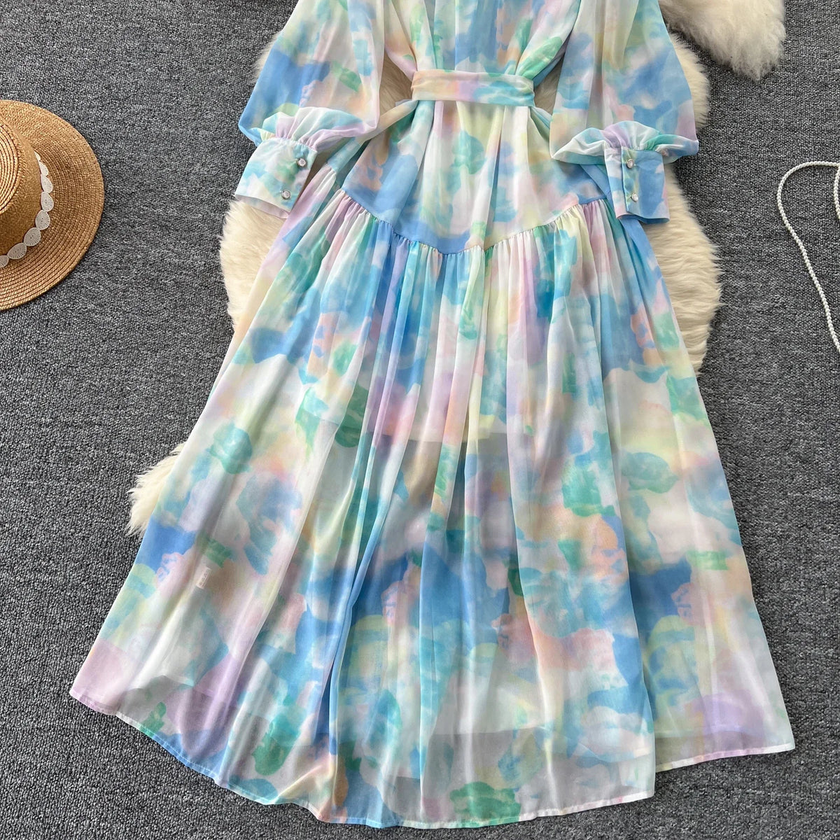 Print Chiffon Lantern Sleeve Shirt Dress