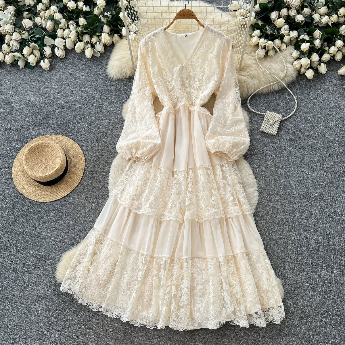 Lace Mesh V-Neck Ruffle Maxi Dress