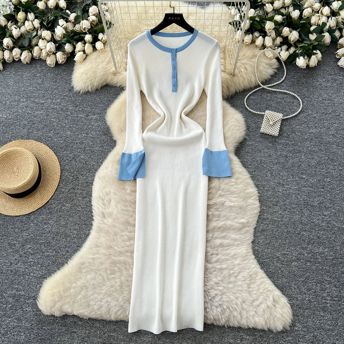Button Front Knit Bodycon Maxi Dress
