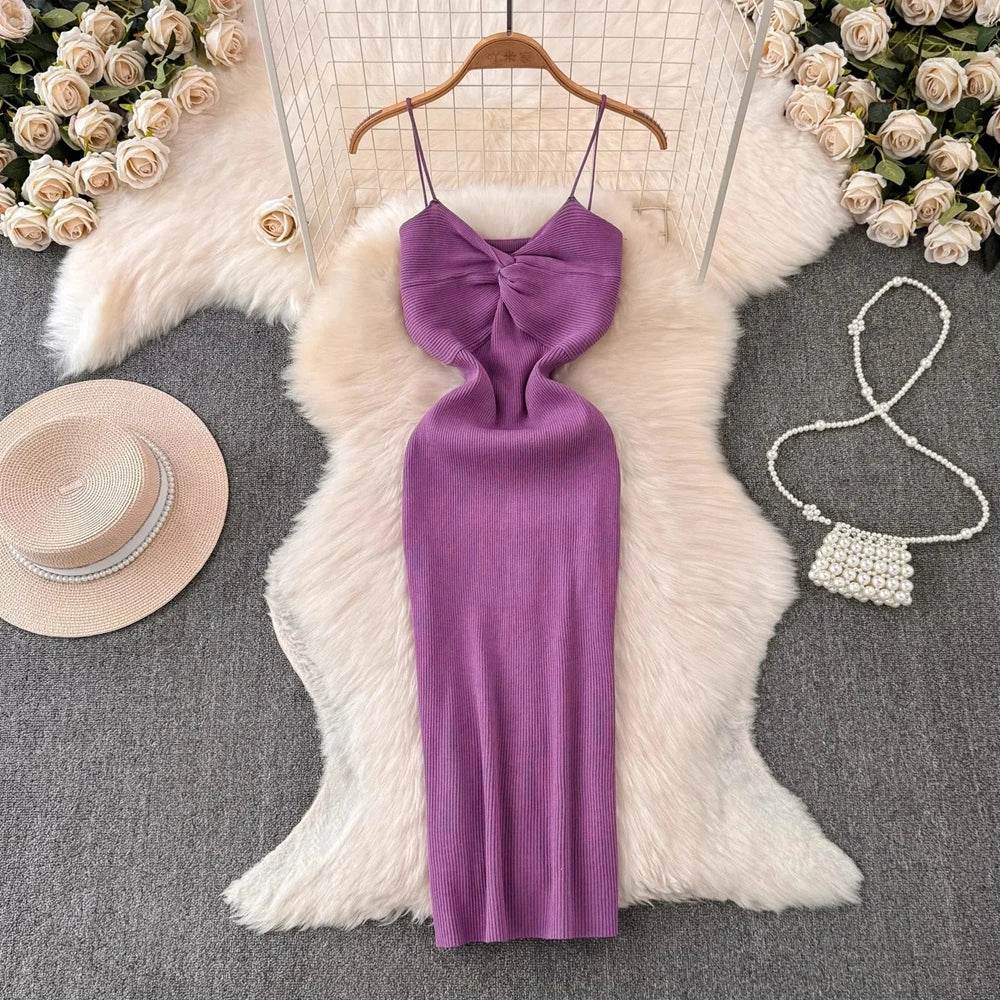 V-Neck Knit Spaghetti Strap Midi Dress