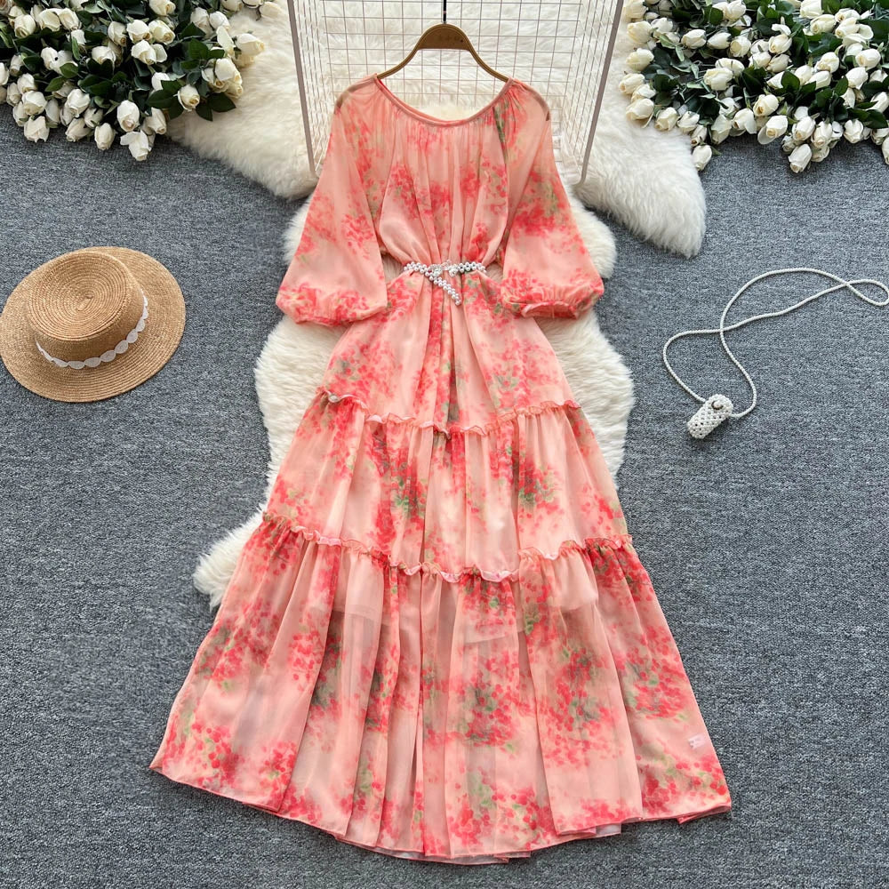 Beaded Print Puff Sleeve Maxi Dress