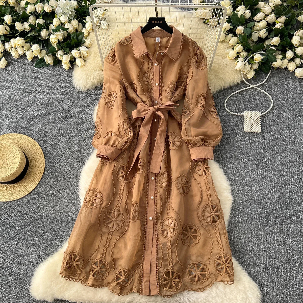 Embroidered Lapel Lantern Sleeve Long Dress