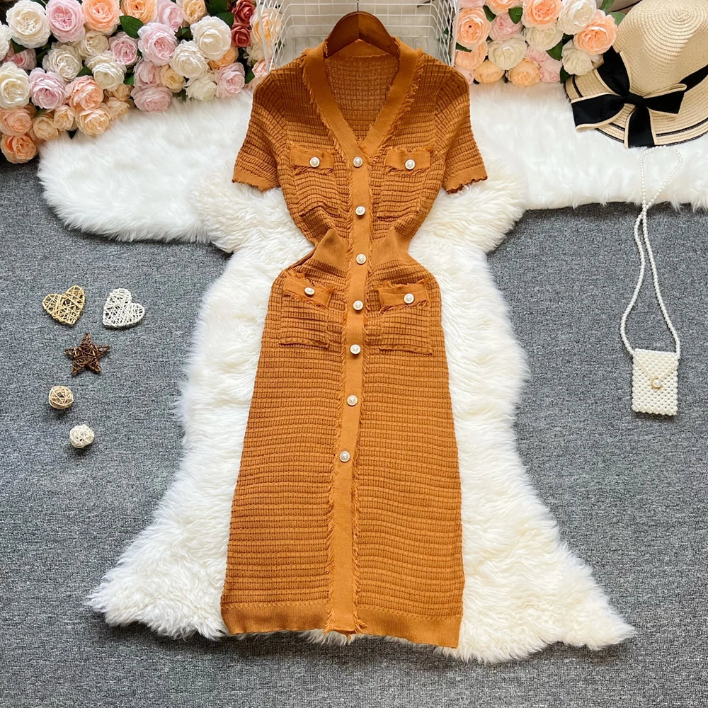 Pearl Button Knit Wrap Maxi Dress