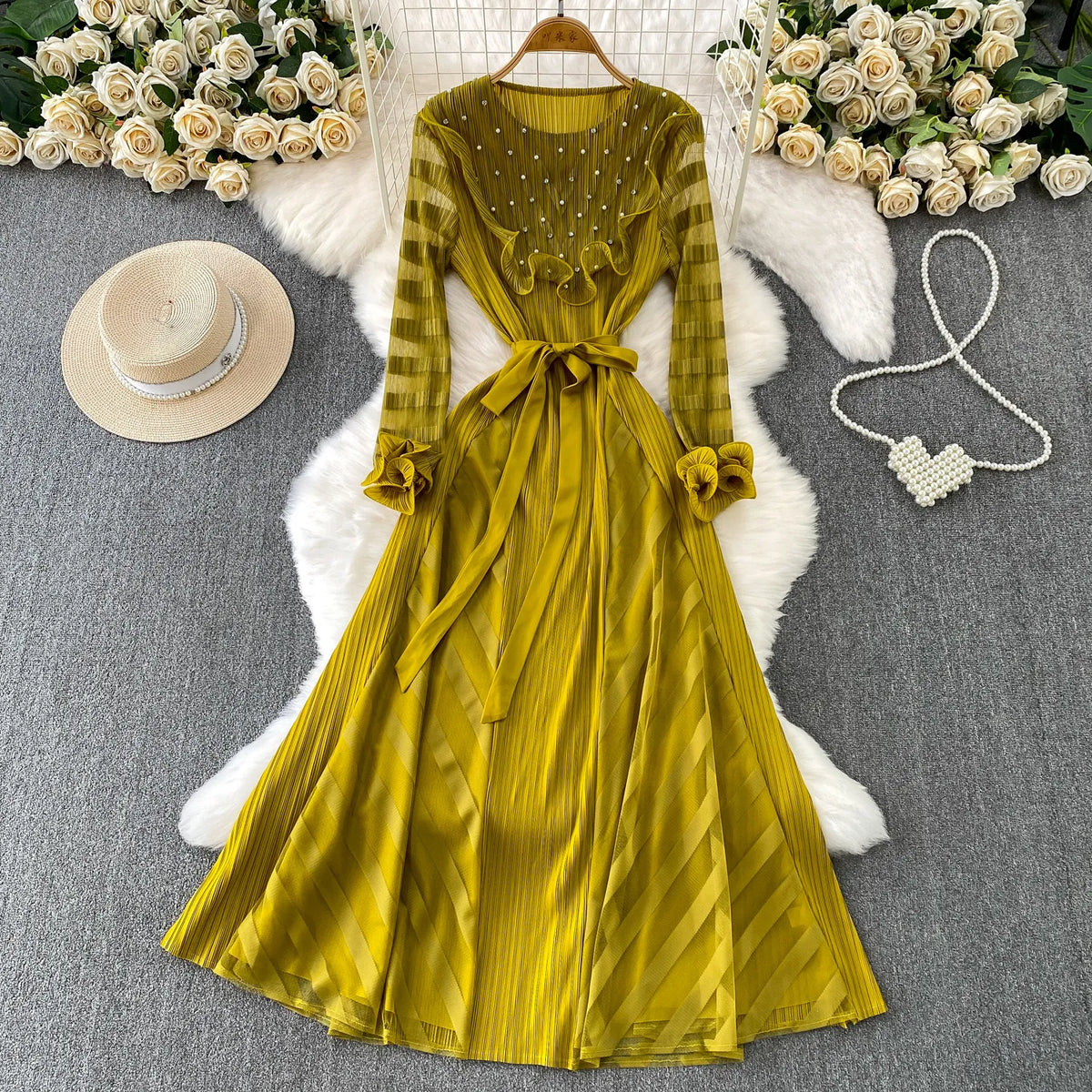 Beaded Long Sleeve A-Line Party Dress