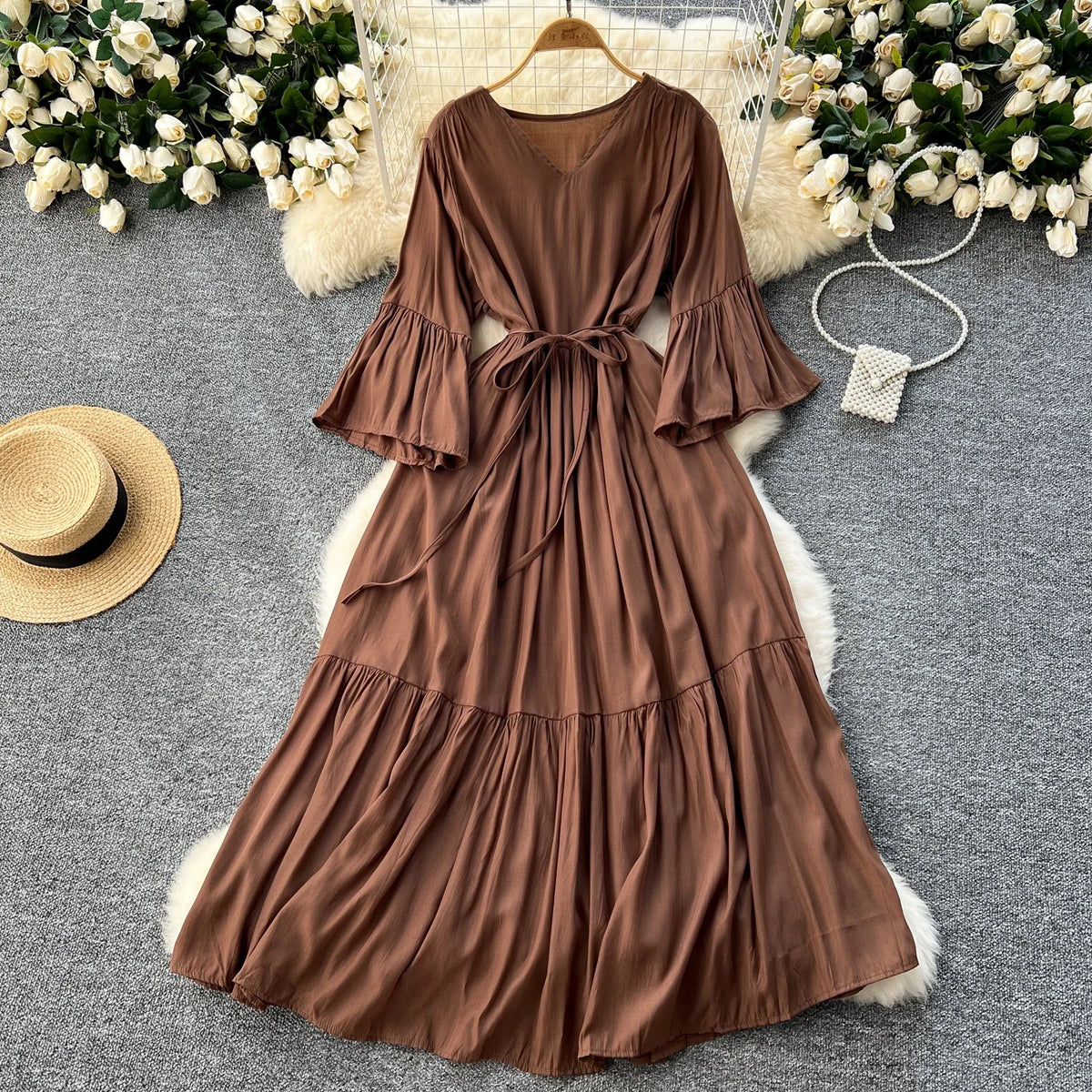Print Ruffle Flare Sleeve Maxi Dress