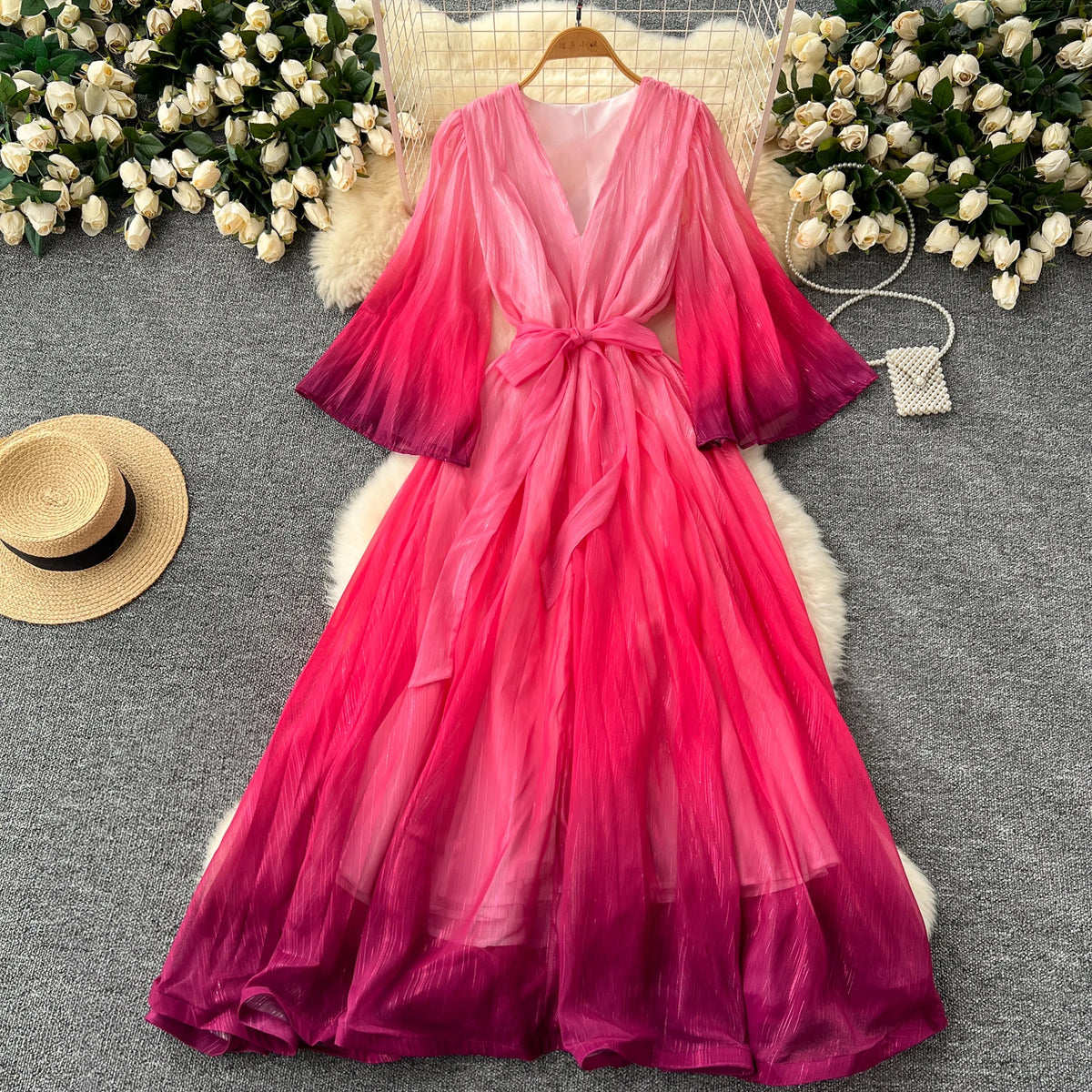 Gradient Flare Sleeve A-Line Maxi Dress