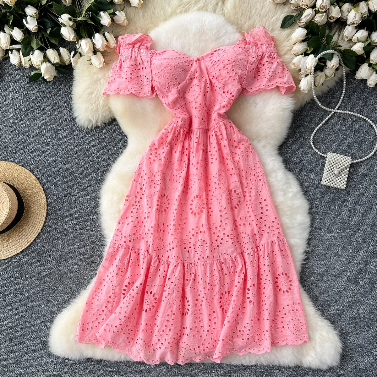 Embroidered Cutout Ruffle A-Line Dress