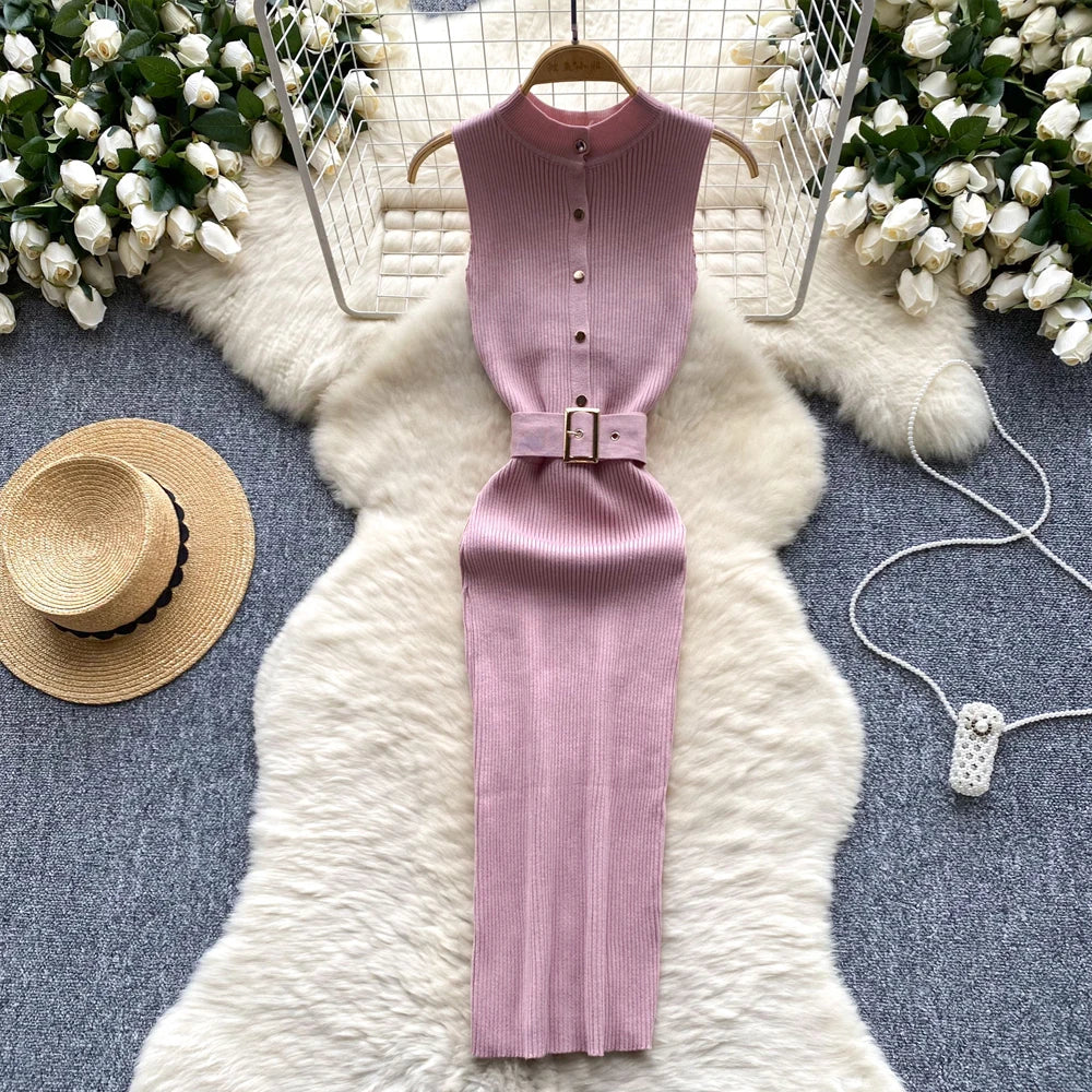 Belted Knit Bodycon Maxi Party Dress