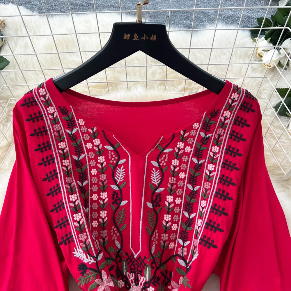 Embroidered Print Lace-Up Beach Dress