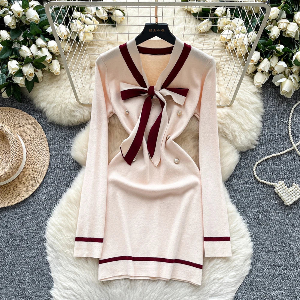 Vintage Bow V-Neck Knit Mini Dress