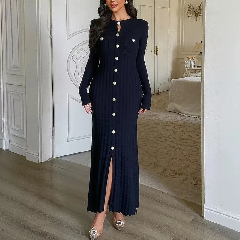 Button Front Knit Maxi Sweater Dress