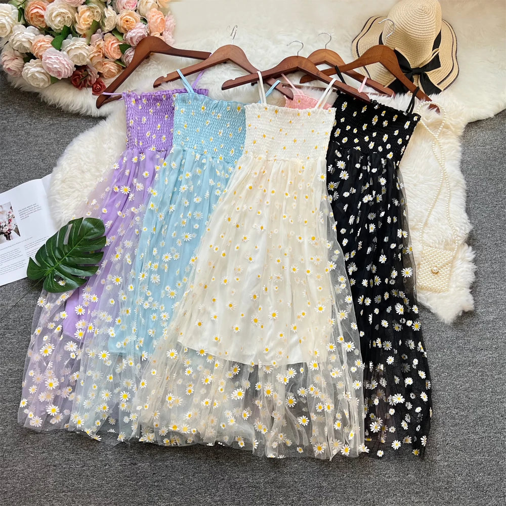 Daisy Print Layered Mesh Maxi Dress