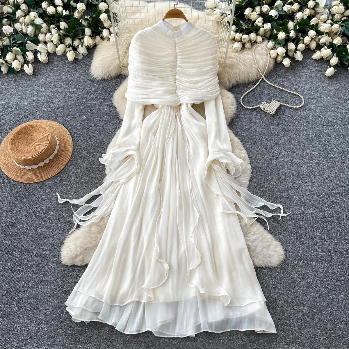 Ribbon Puff Sleeve Cape Maxi Dress