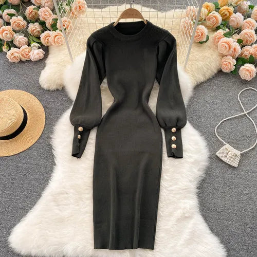 Puff Sleeve Button Knit Bodycon Dress