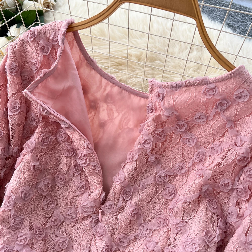Ruffle Lace Long Sleeve A-Line Dress