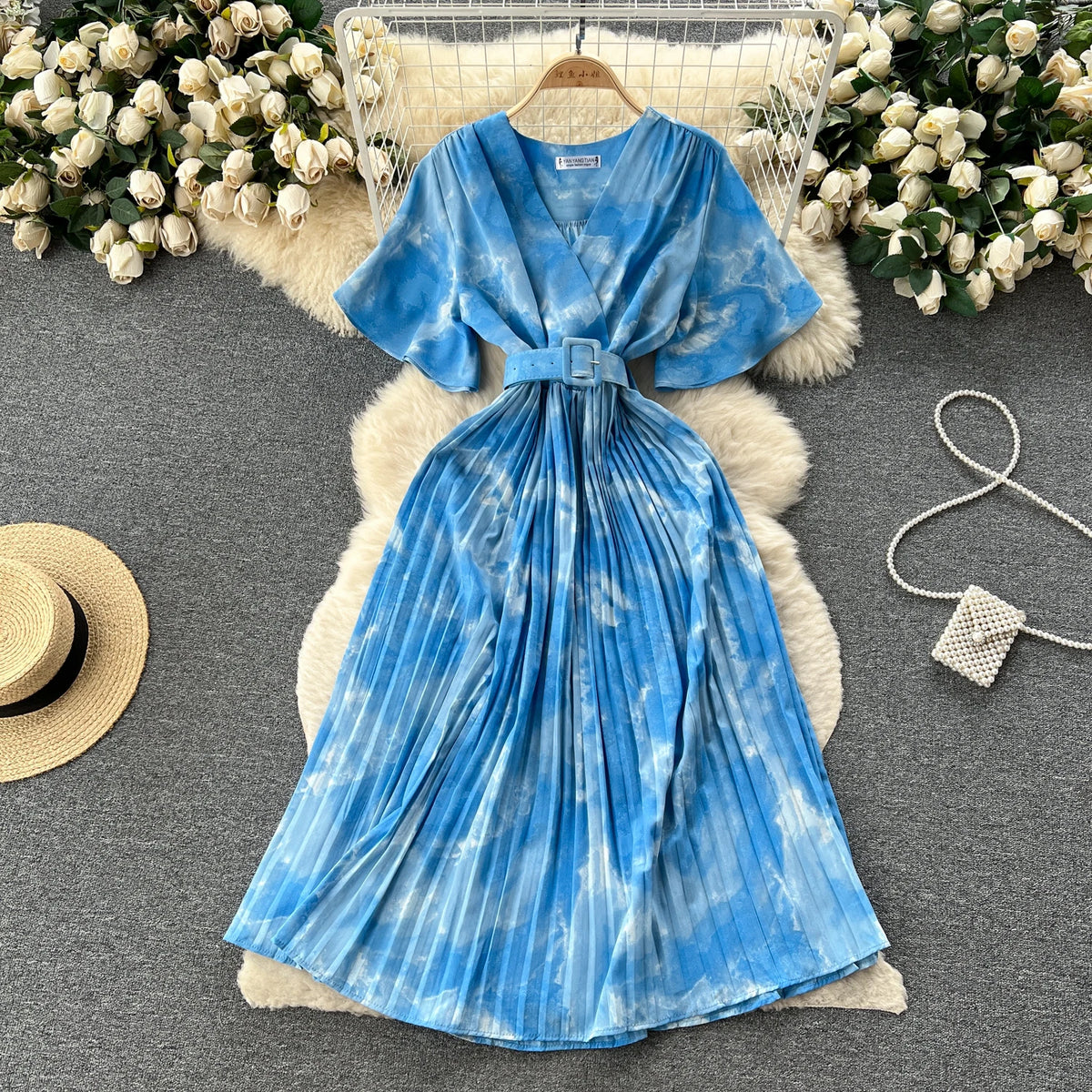 Tie Dye Chiffon V-Neck Dress