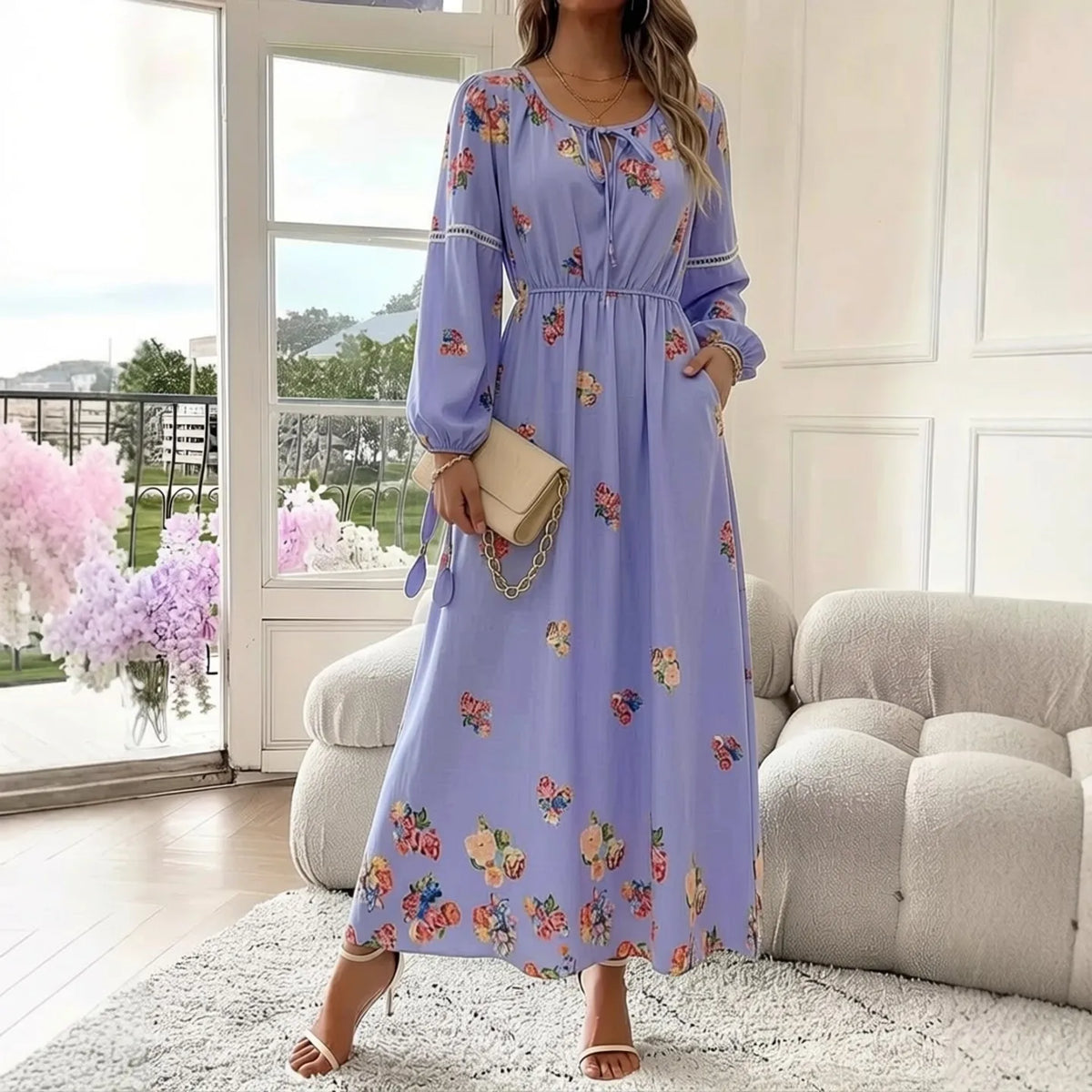 Floral Long Sleeve A-Line Maxi Dress