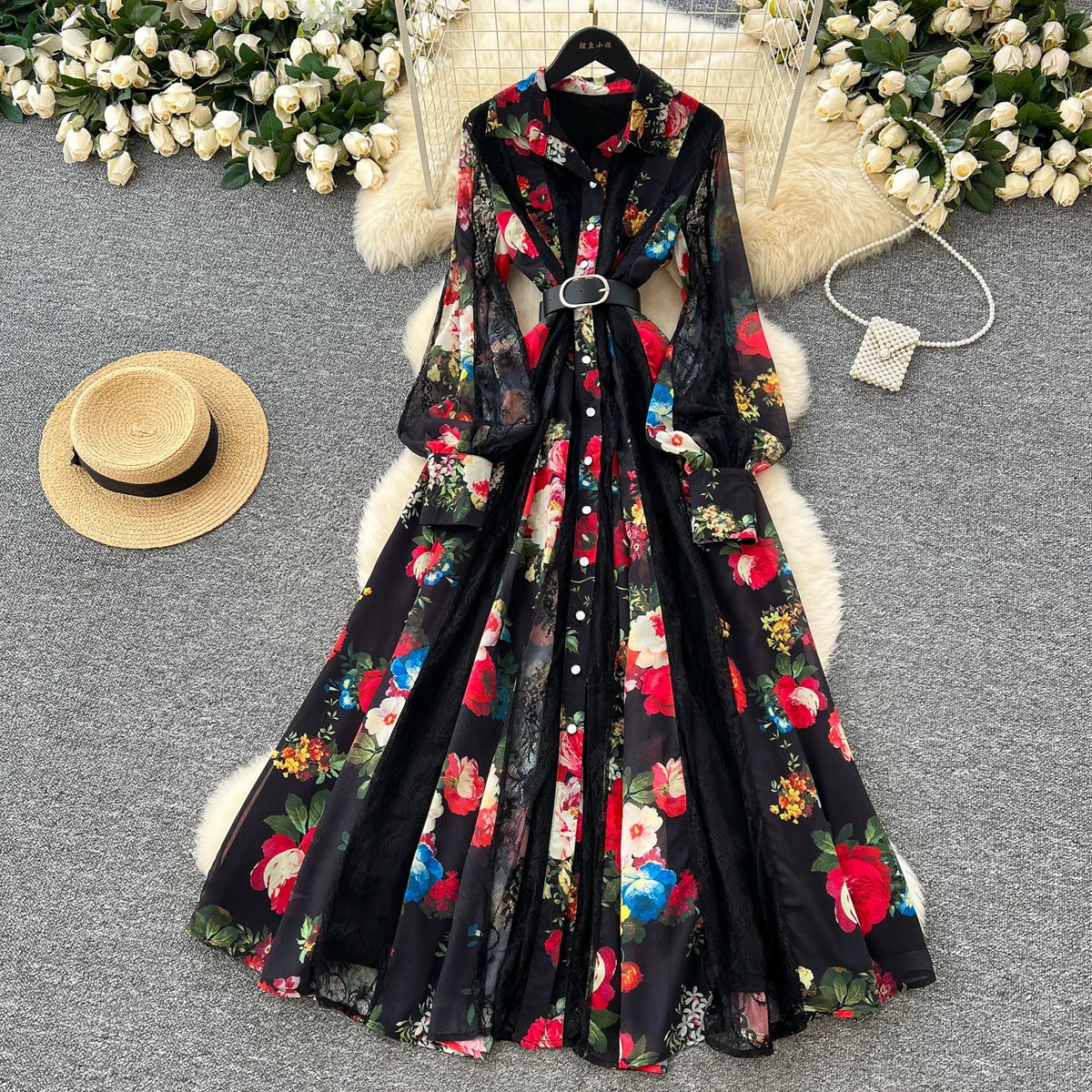 Lace Puff Sleeve Notched Button Dress