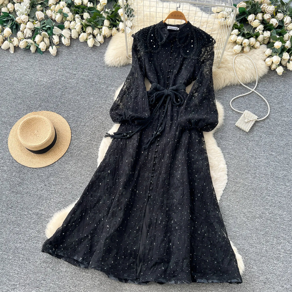Stand Collar Puff Sleeve Maxi Swing Dress