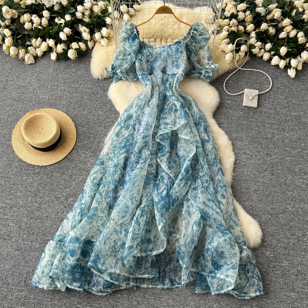 Square Neck Puff Sleeve Ruffle Sundress