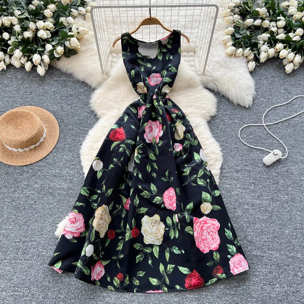 Pleated Print Sleeveless Maxi Dress