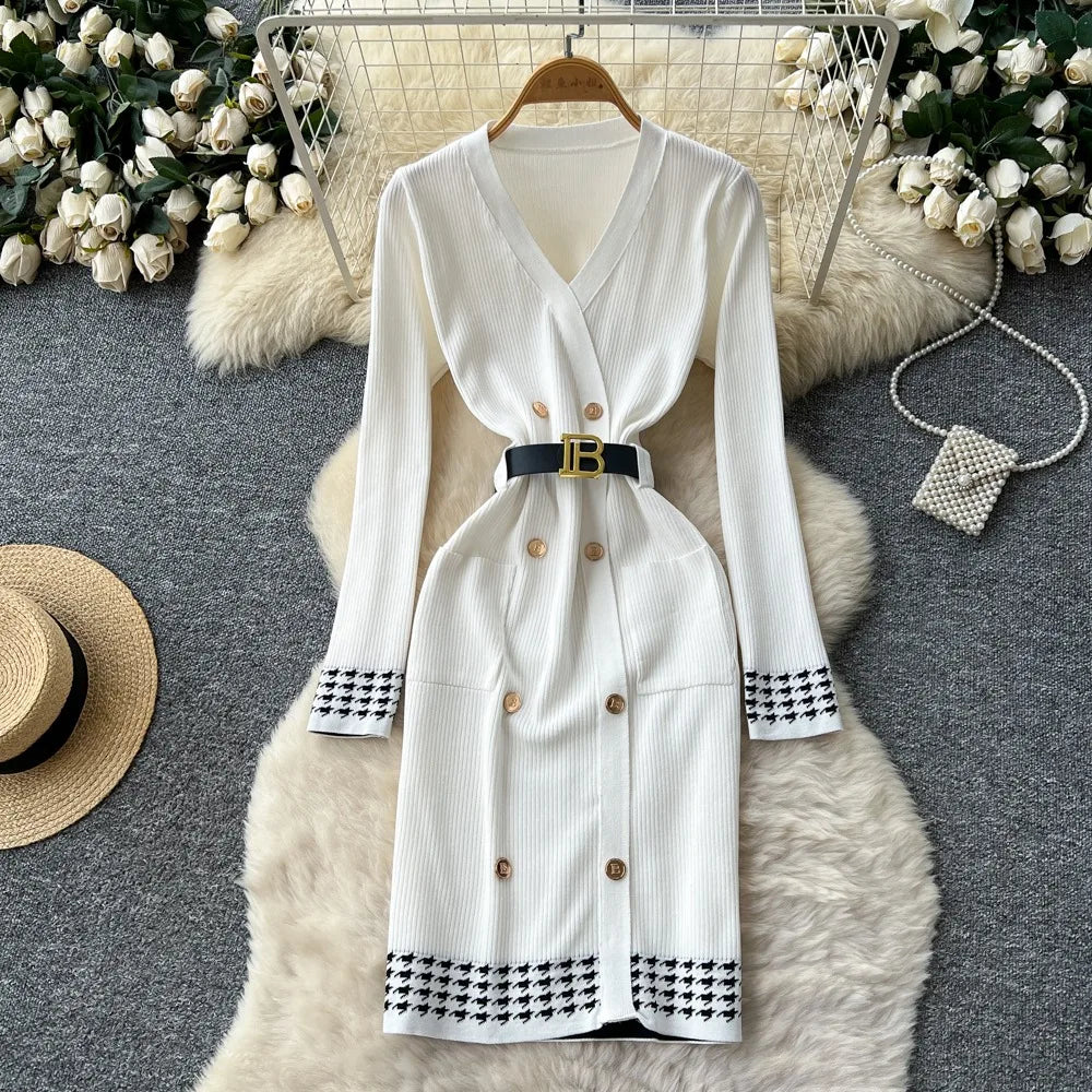 White Double-Breasted V-Neck Sweater Dress