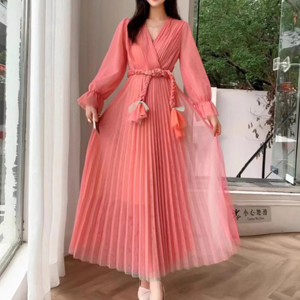 Pleated Mesh Chiffon V-Neck A-Line Dress