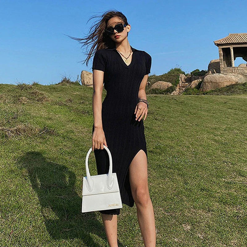 Polo Collar Ribbed Knit Slit Maxi Dress