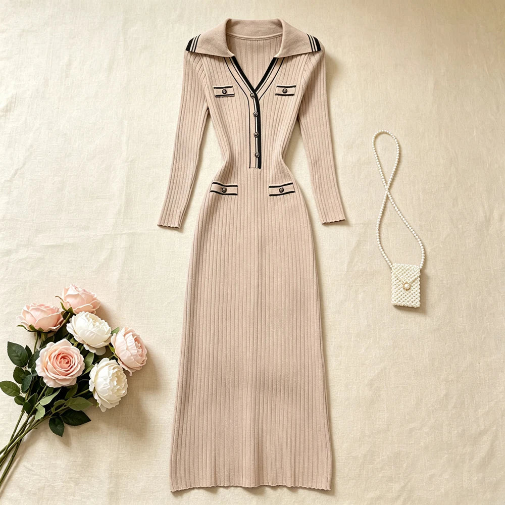 Collared Ribbed Knit Maxi Shirt Dress