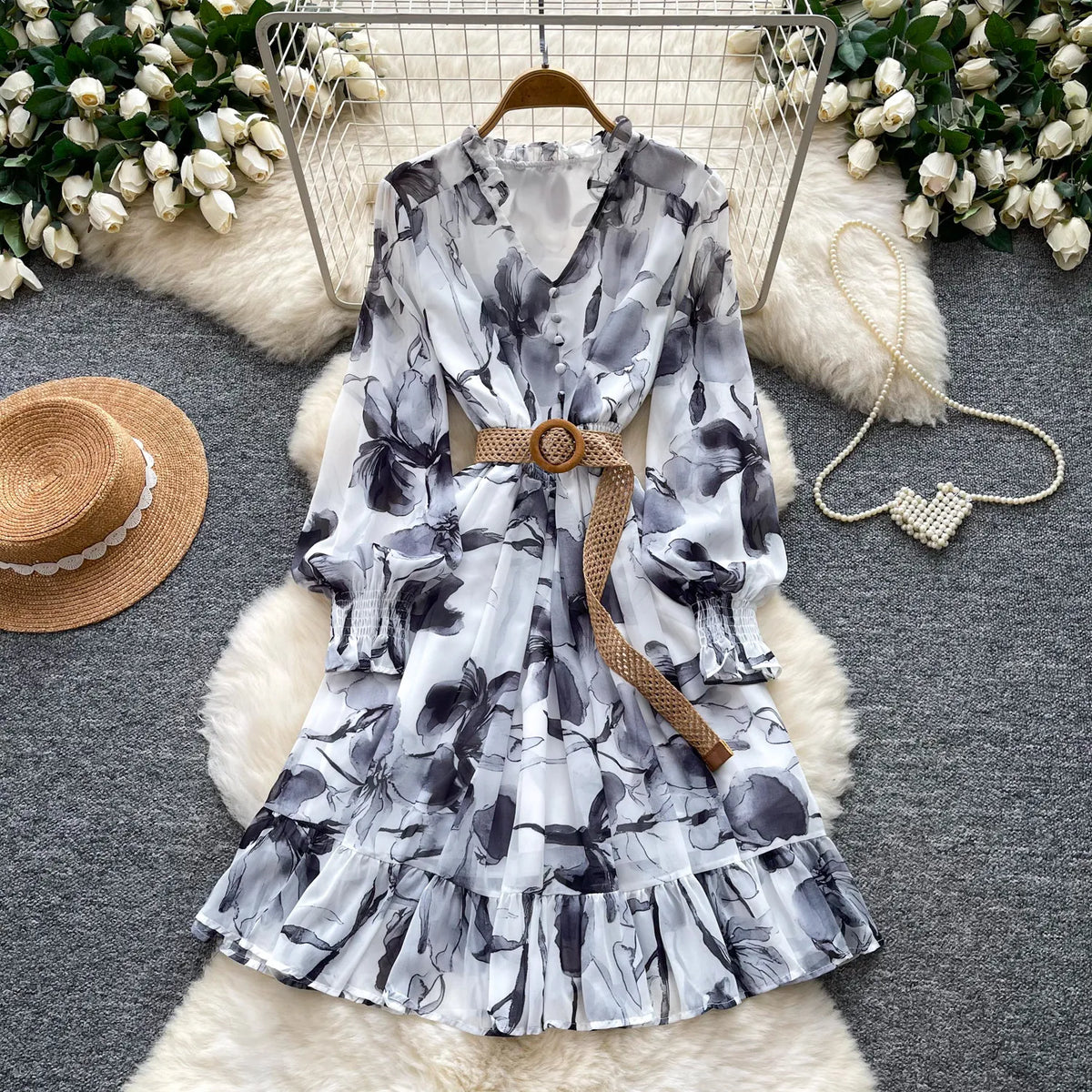 Print Chiffon Lantern Sleeve Midi Dress