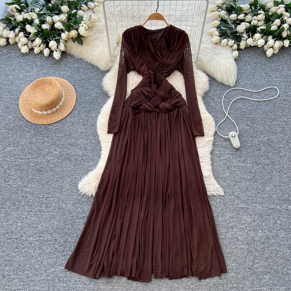 Mesh Paneled Ruched Long Sleeve Dress
