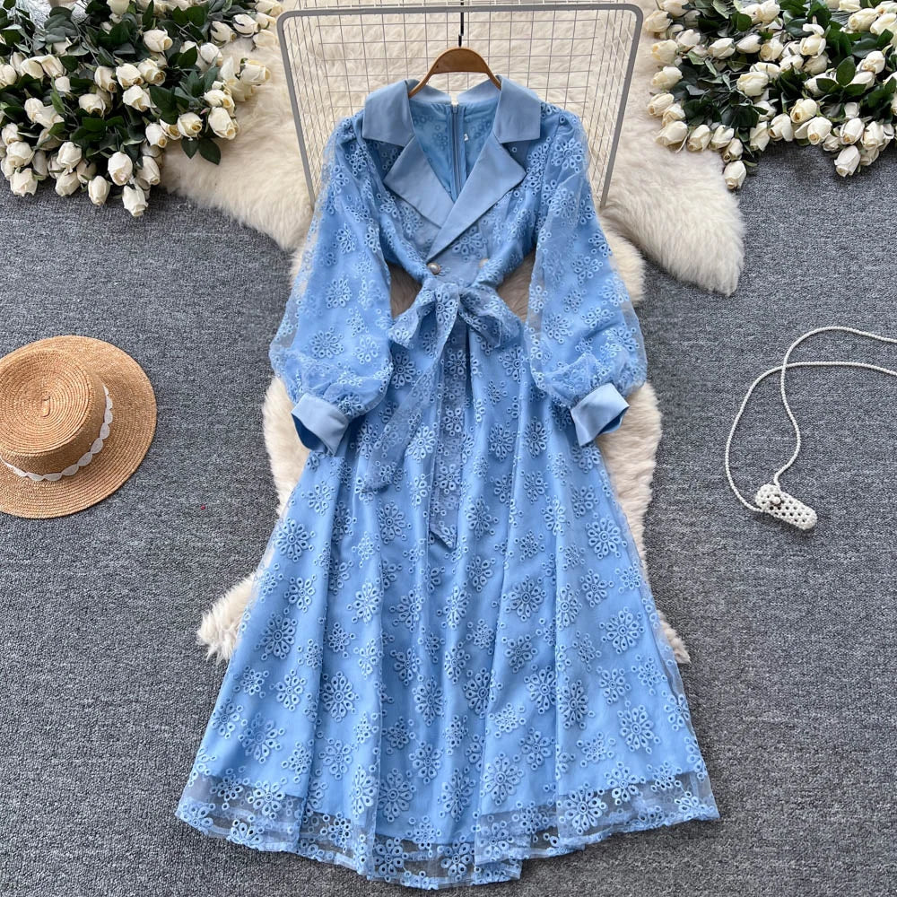 Embroidered Mesh Long Sleeve Dress