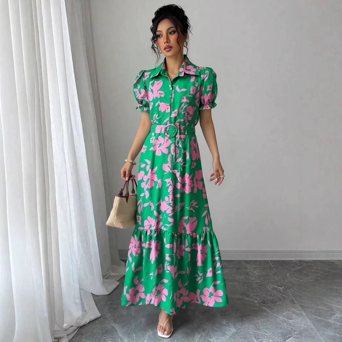 Vintage Floral Collared Maxi Shirt Dress
