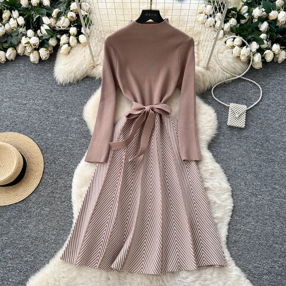 Spliced Knit Long Sleeve Party Dress