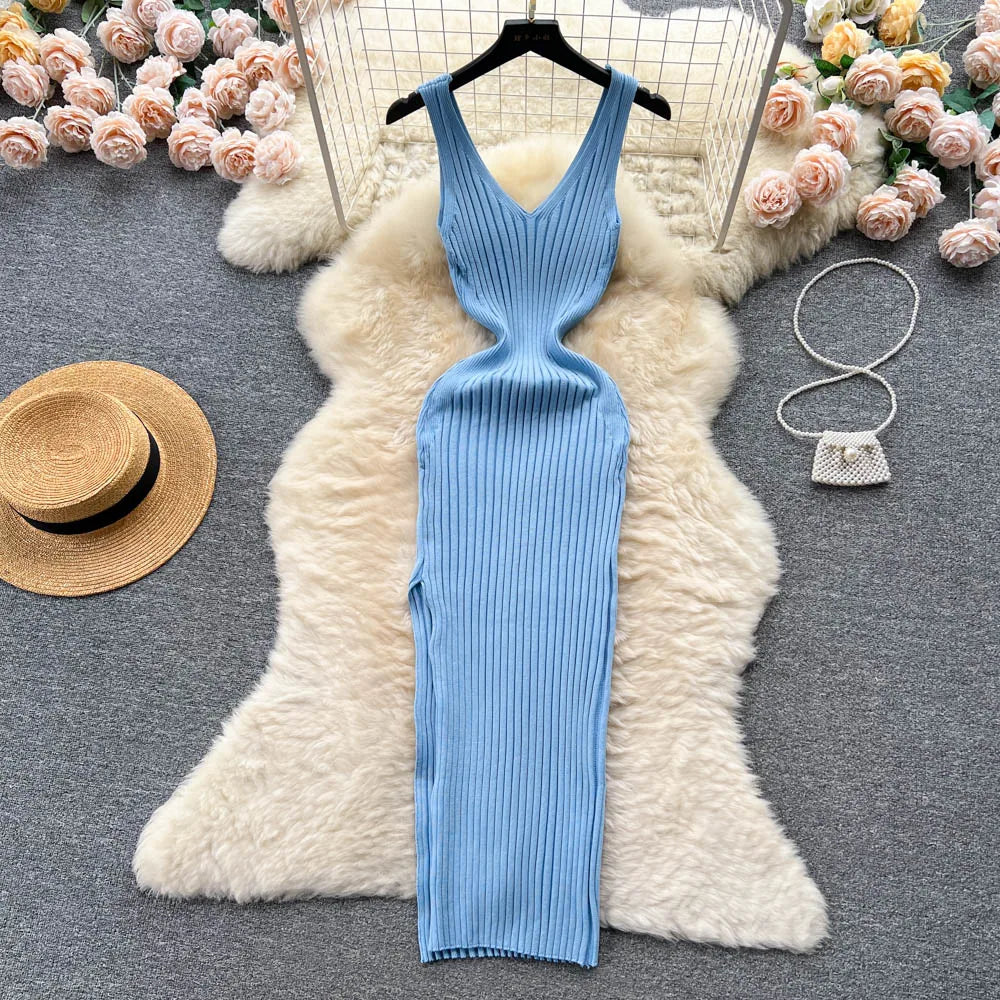 Split Knit Wrap Bodycon Maxi Dress