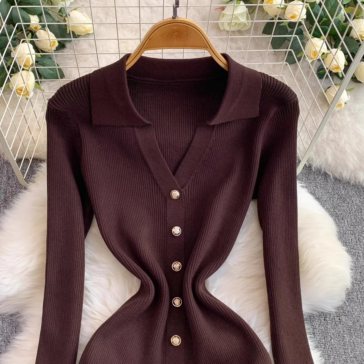 Collared Ruffled Knit Wrap Mini Dress