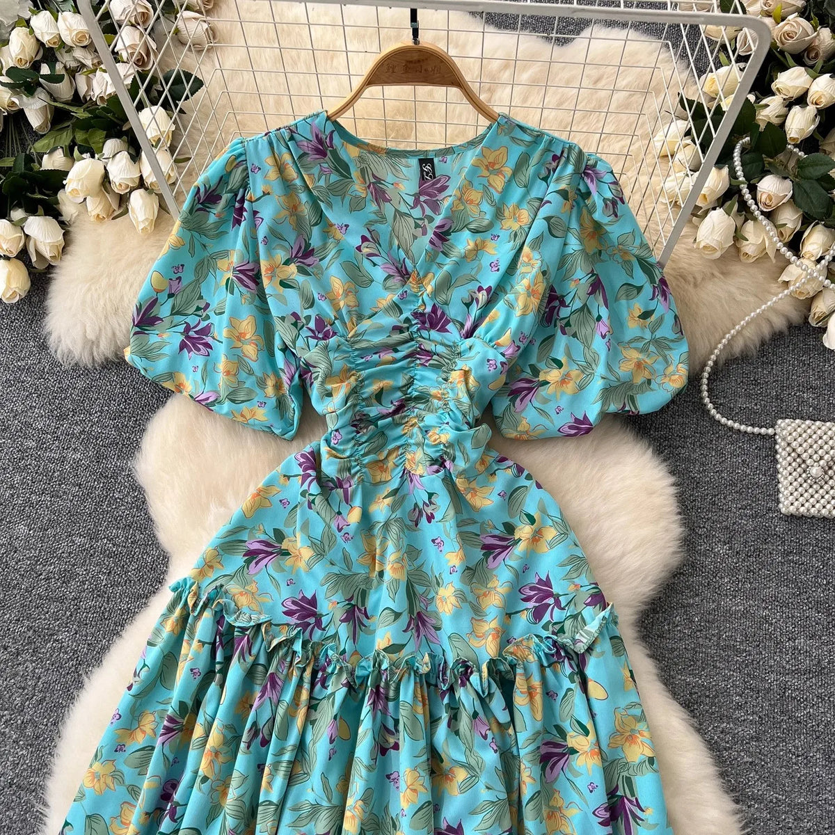 Vintage Floral Puff Sleeve Maxi Dress