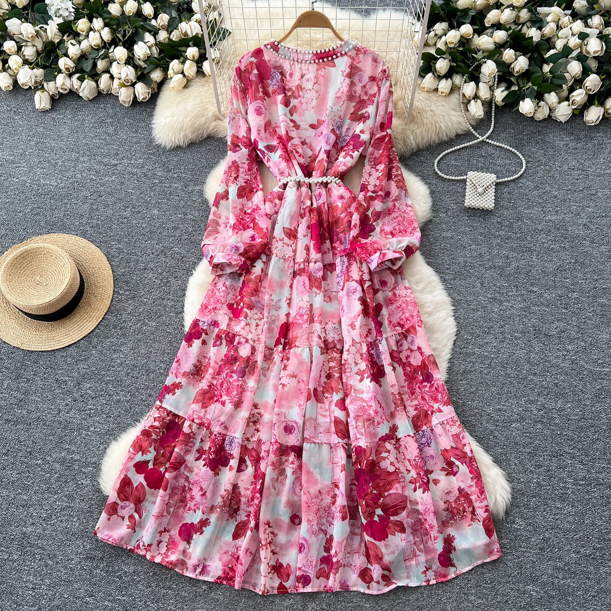 Rhinestone Chain Print Lantern Sleeve Long Dress
