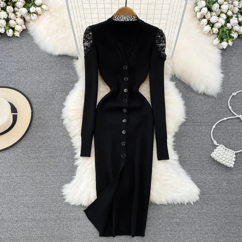 Lace Knit Off-Shoulder Pencil Sweater Dress