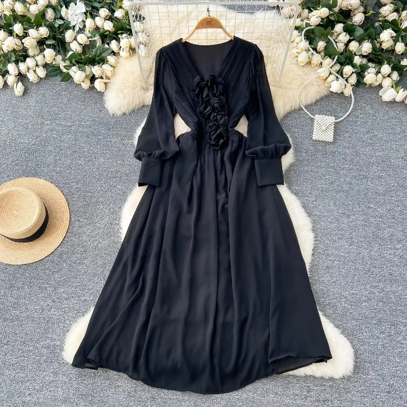 3D Floral V-Neck Lantern Sleeve Dress