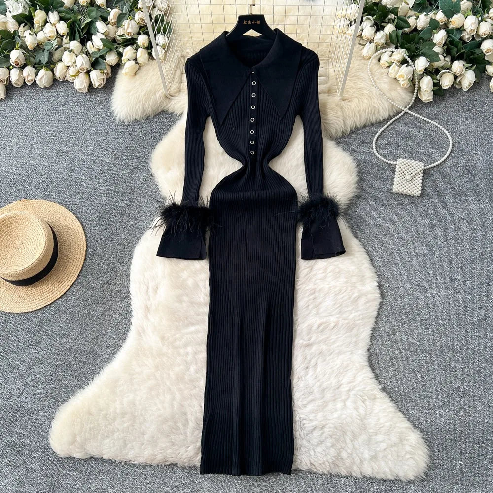 Collared Knit Bodycon Maxi Party Dress