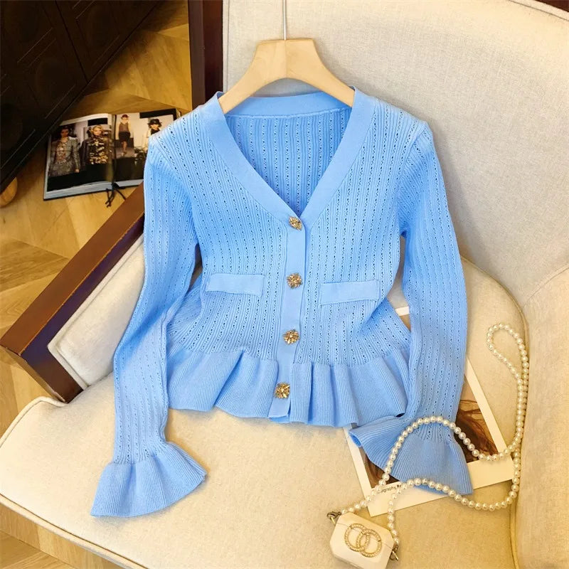 Rhinestone Ruffled V-Neck Cardigan
